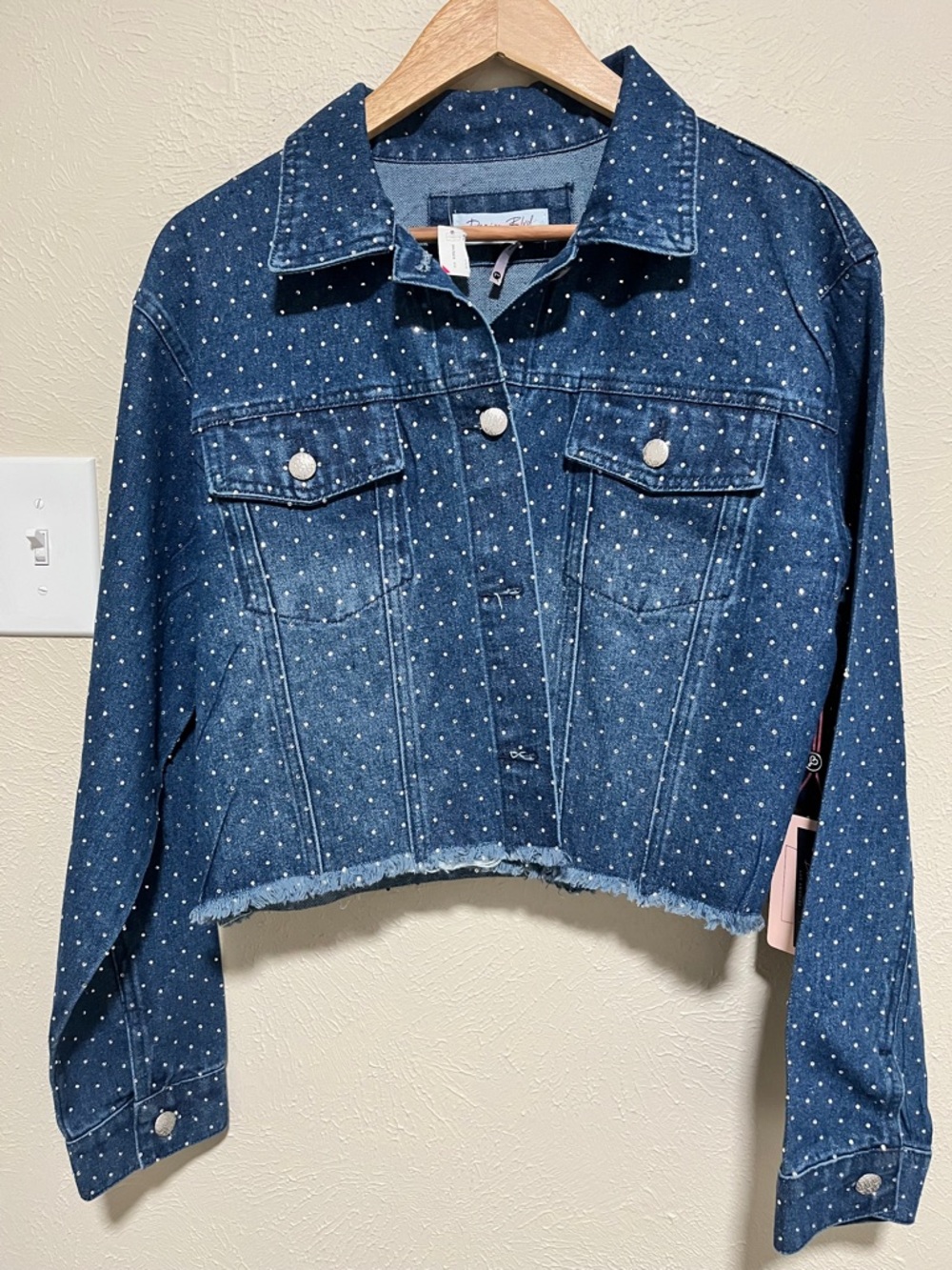 Women's Cropped Rhinestone Denim Jacket - Dark Blue